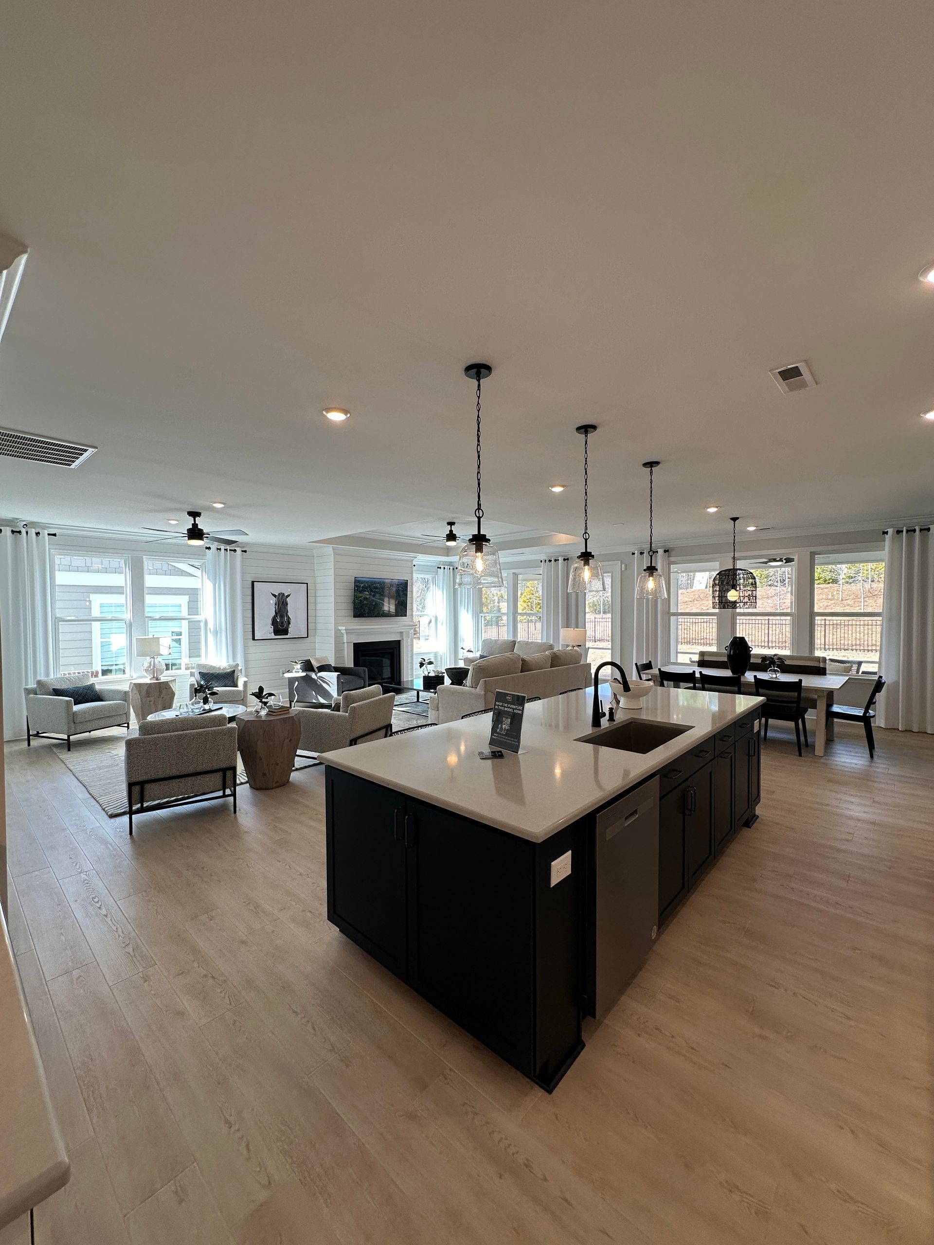 Open-concept kitchen and living area with island, dark cabinets, and light wood floors.