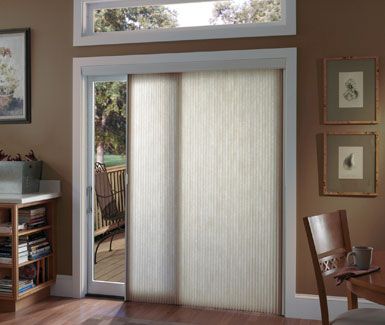 Sliding glass door with vertical blinds; interior view. Beige blinds, brown walls, and outdoor view.