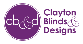 Purple logo for Clayton Blinds & Designs. Circle with "cb&d," to the right is the business name.