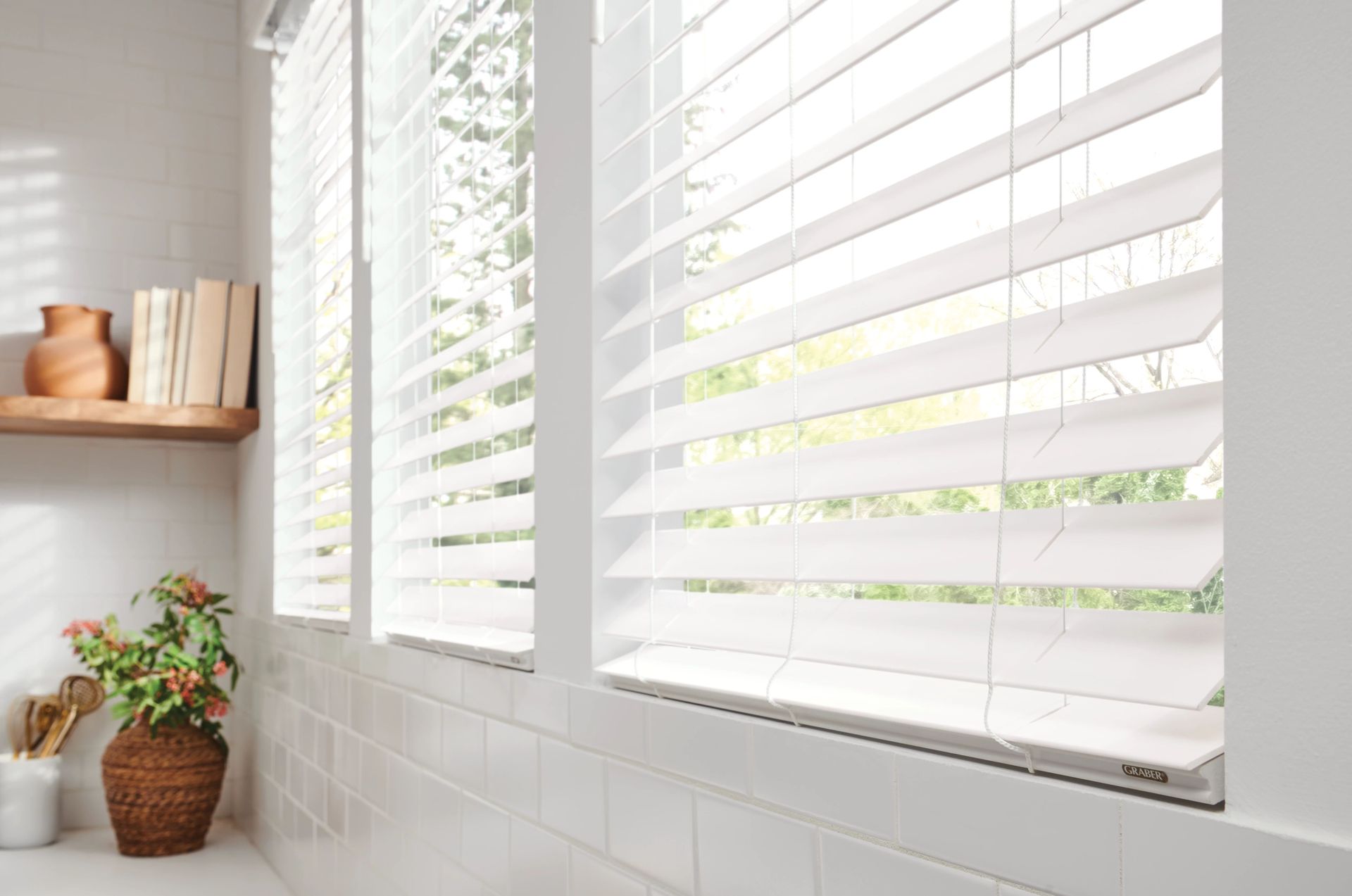 White window blinds in a kitchen with a shelf, plant, and partly visible window.