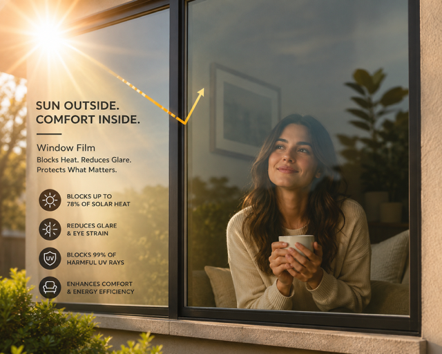 Woman holding a mug by a sunlit window beside a Wood-Fire feature list and “Sun outside. Comfort inside.” text