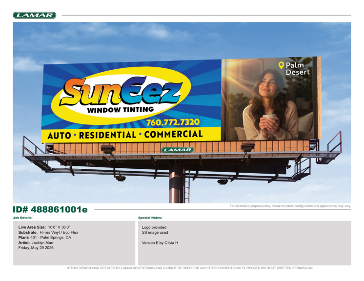 Sunset window tinting billboard with reclining woman and “Auto, Residential, Commercial” text