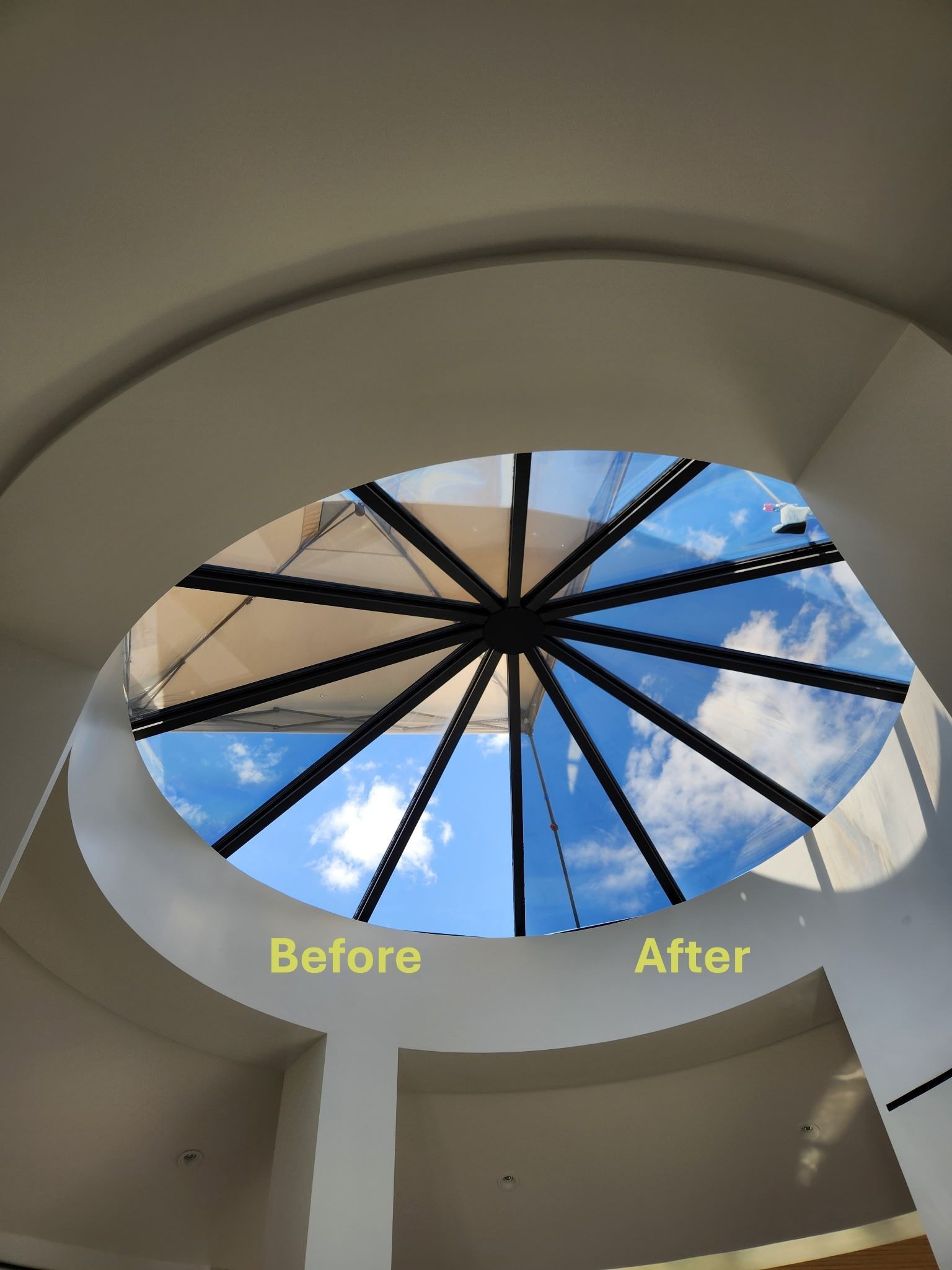 A before and after picture of a skylight