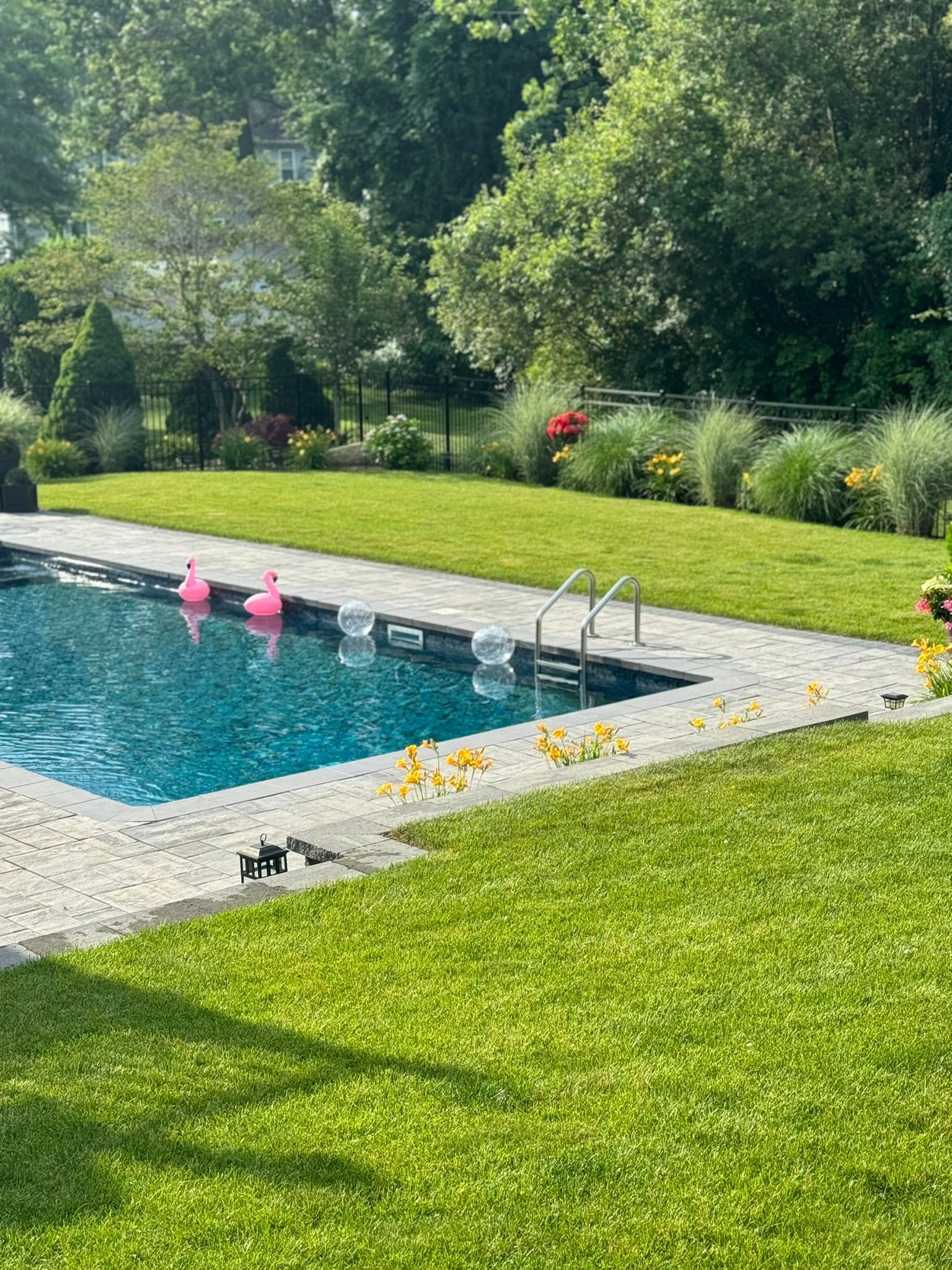 A backyard swimming pool with pink flamingos and clear ball floats, surrounded by a lawn and landscaped garden.