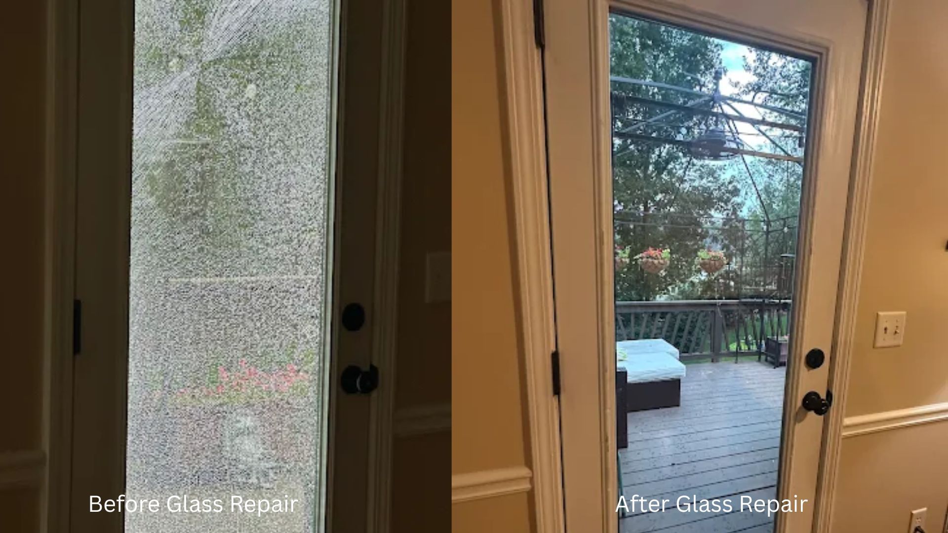 A before and after photo of a sliding glass door.