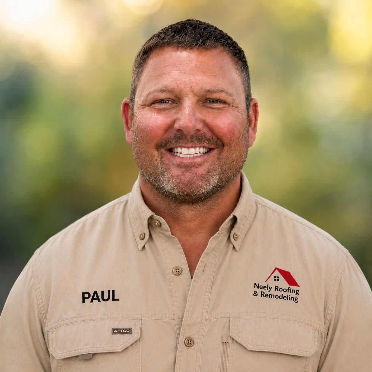 Smiling man in beige shirt with embroidered logo against a blurred outdoor background