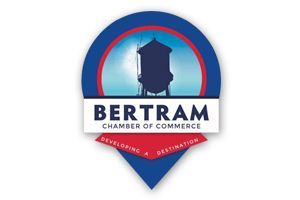 Bertram Chamber of Commerce logo with blue shield, red border, and water tower silhouette