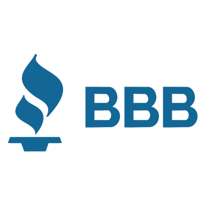 Blue BBB logo with a stylized flame above a small stand on a white background
