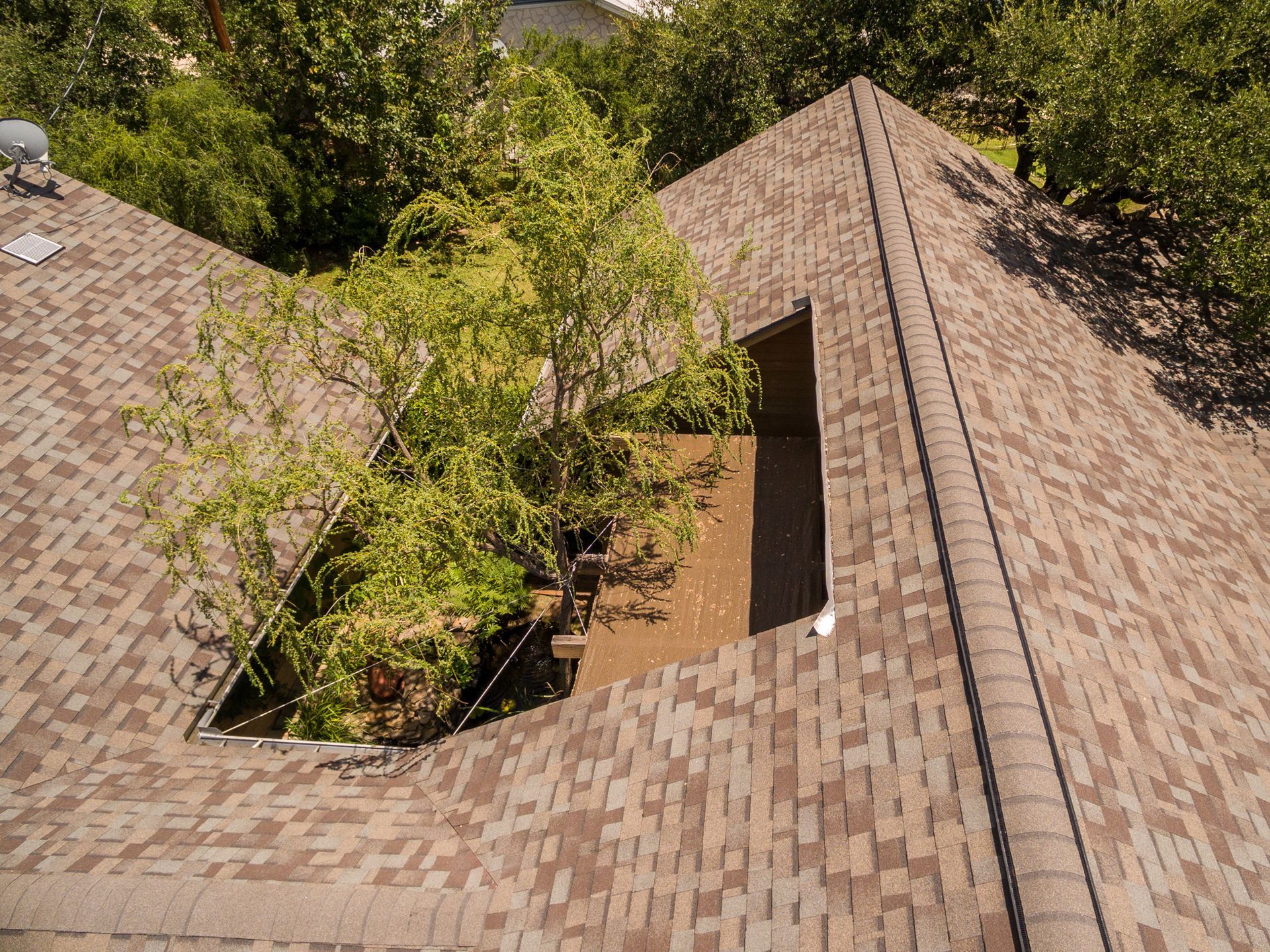 Rooftop with tan shingles and a central square opening filled with green trees under sunlight