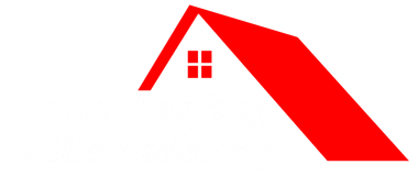 Red stylized house roof logo with a small window on a white background