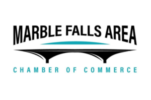 Marble Falls Area Chamber of Commerce logo in black and teal on a white background