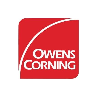 Owens Corning logo in white on a red square with a curved white line