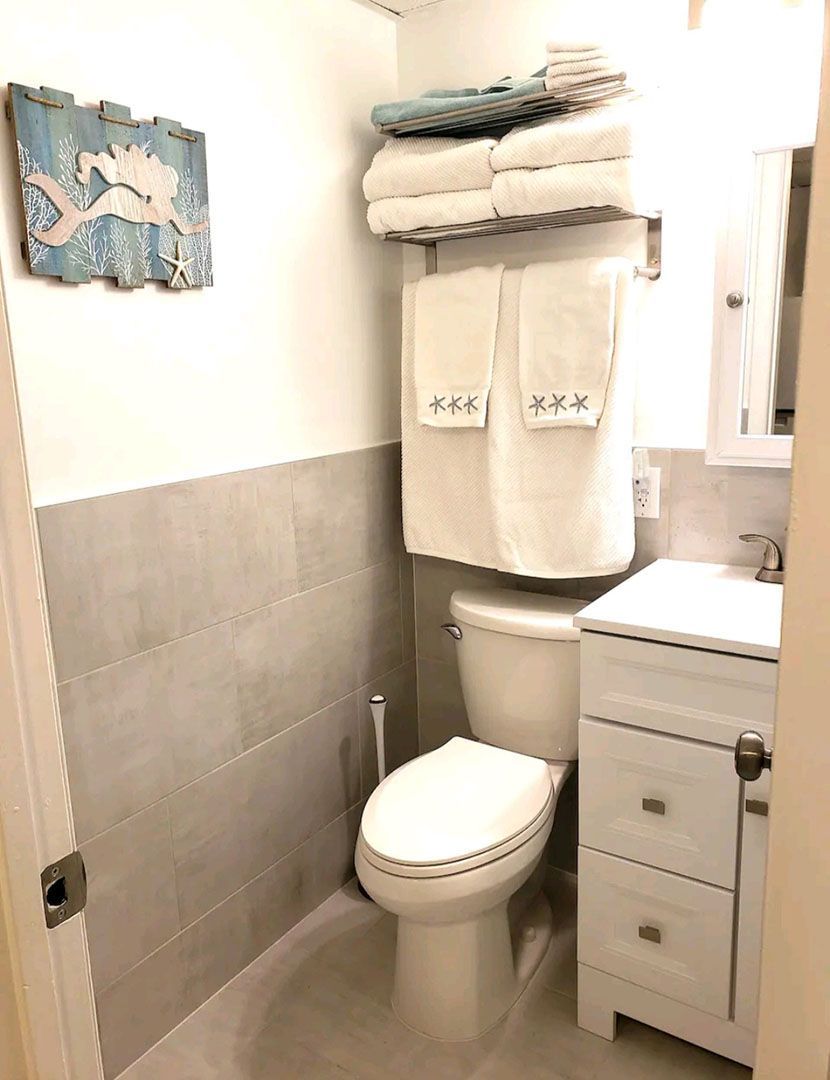 A bathroom with a toilet, sink, and towels on the wall.