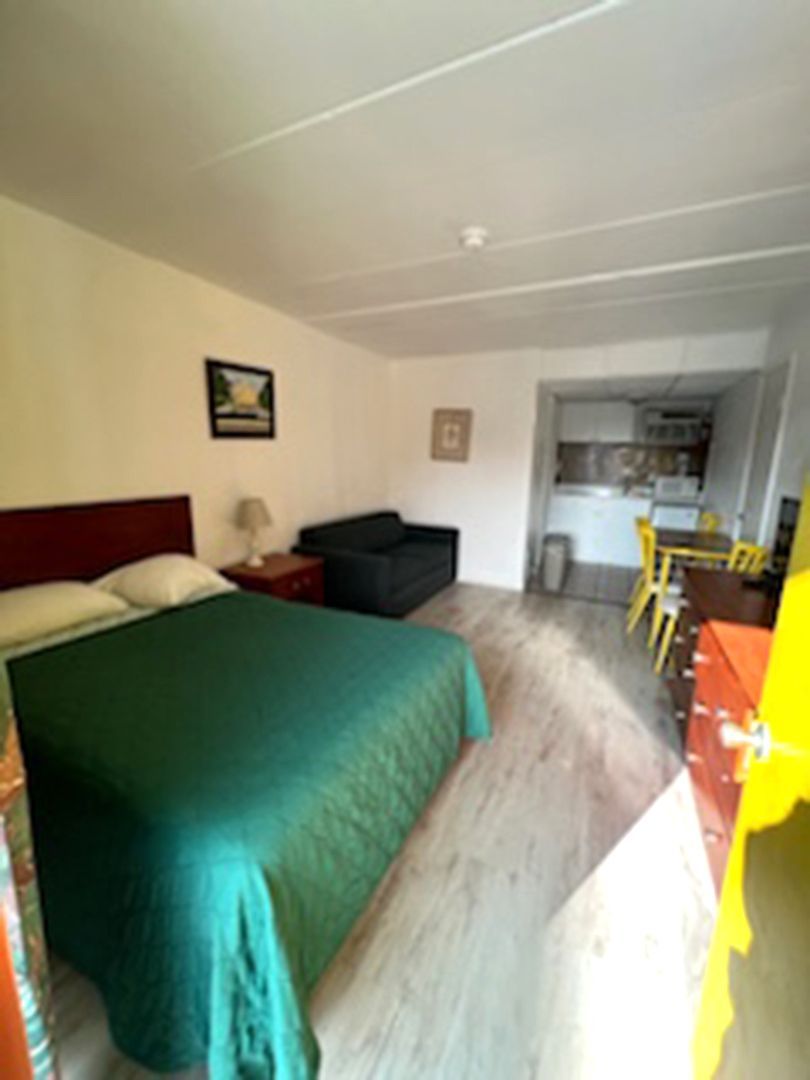 A bedroom with a large bed and a couch