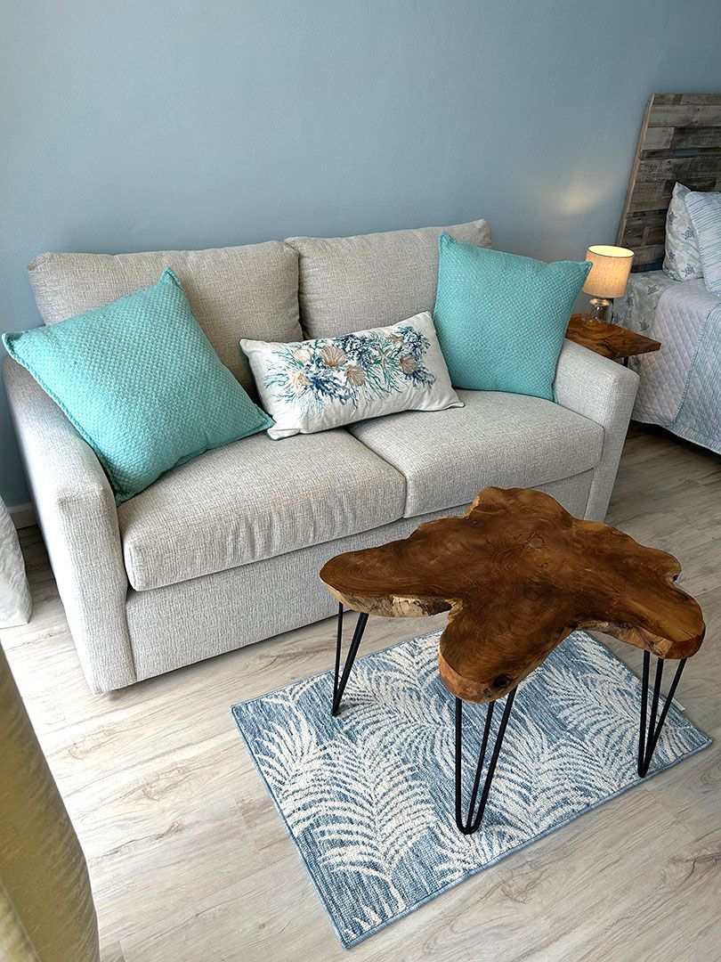 A couch and a coffee table in the living room