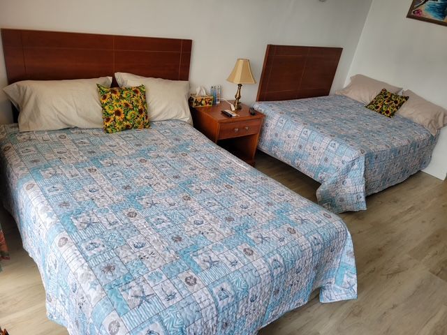 A bedroom with two beds and a lamp