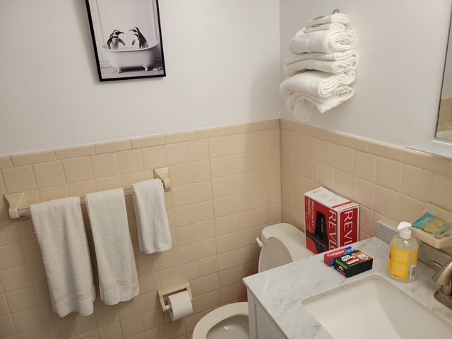 A bathroom with a toilet a sink and a box that says revlon on it