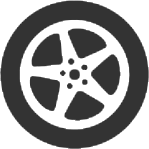 A black and white icon of a car wheel on a white background.