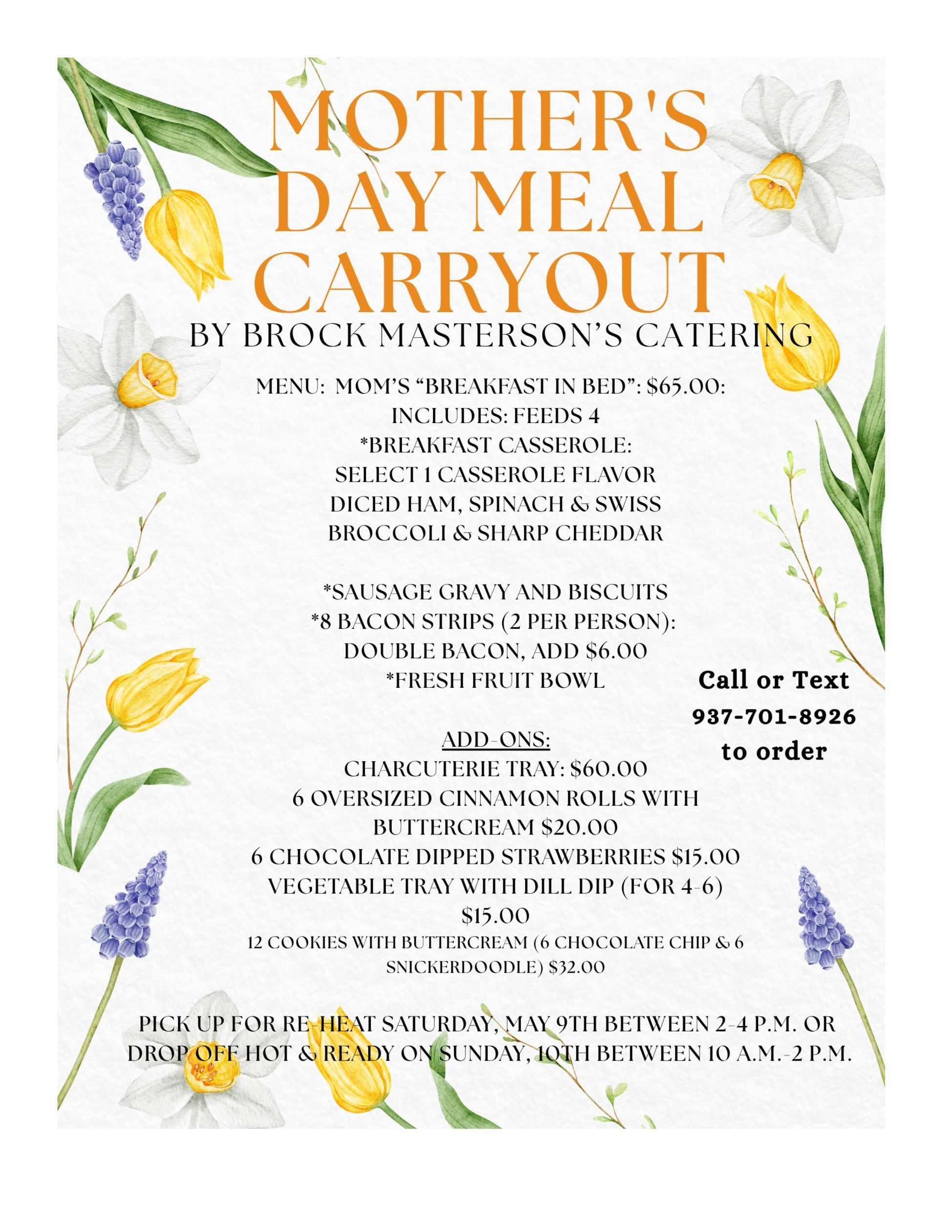 Mother's Day meal carryout flyer by Brock Masterson's Catering, decorated with watercolor spring flowers.