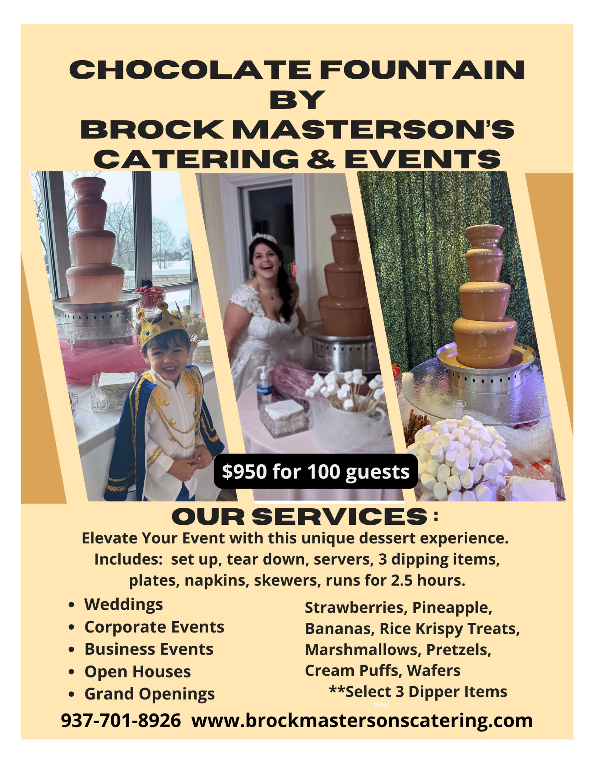 A chocolate fountain service flyer for Brock Masterson’s Catering & Events, advertising a $950 package for 100 guests.