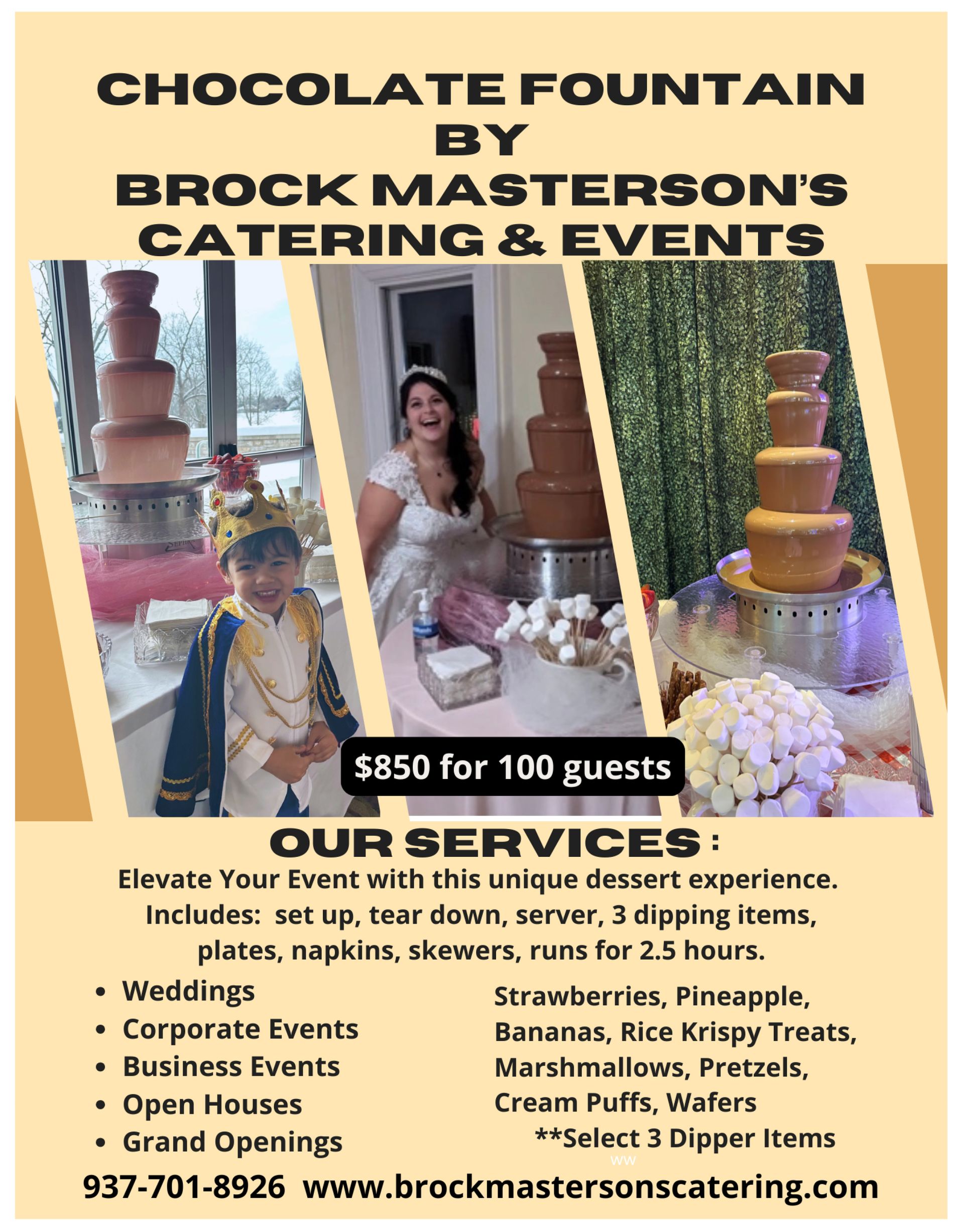 A chocolate fountain service flyer for Brock Masterson’s Catering & Events, advertising a $850 package for 100 guests.