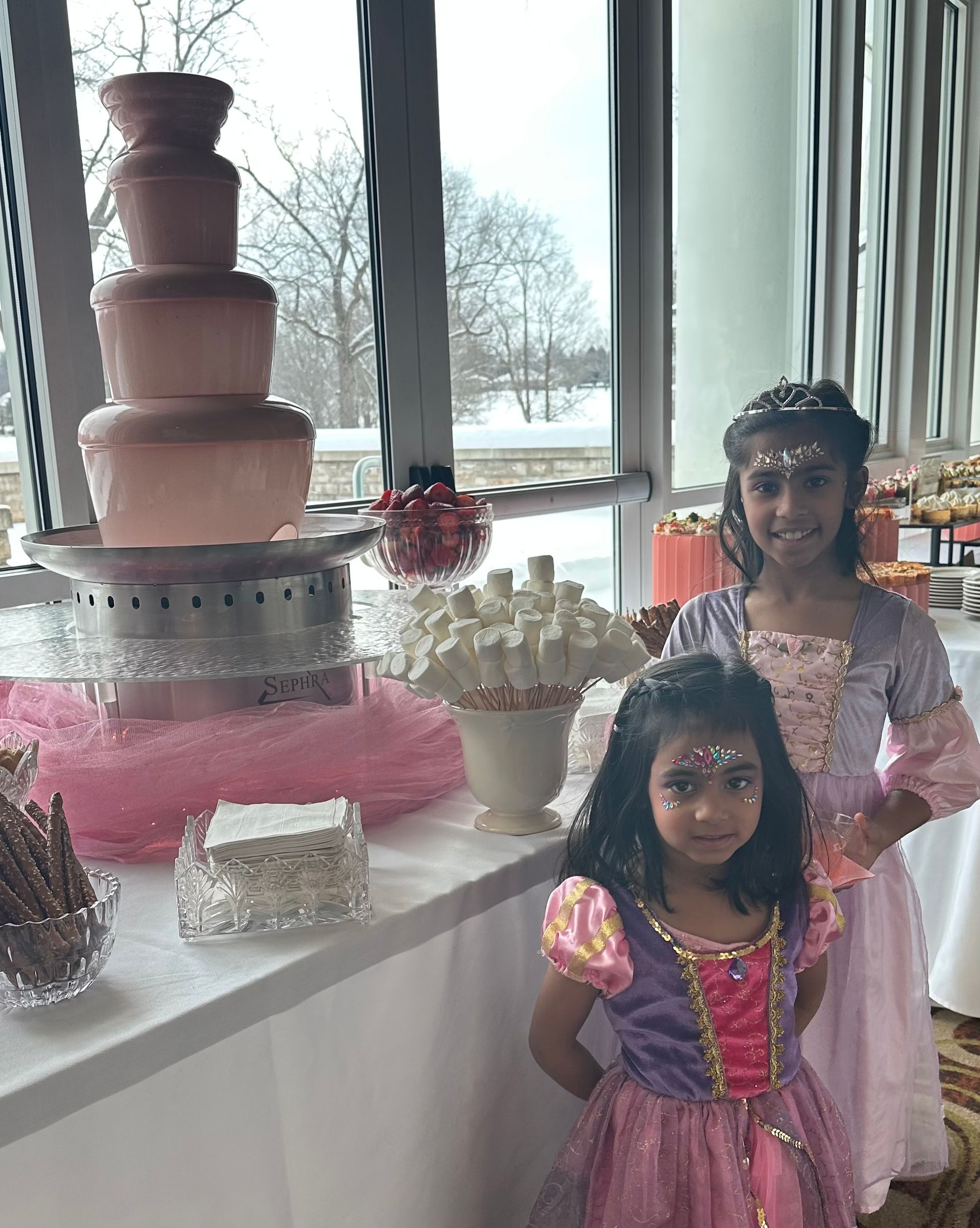 Two children in princess costumes stand before a table with a pink chocolate fountain and marshmallows by a large window.