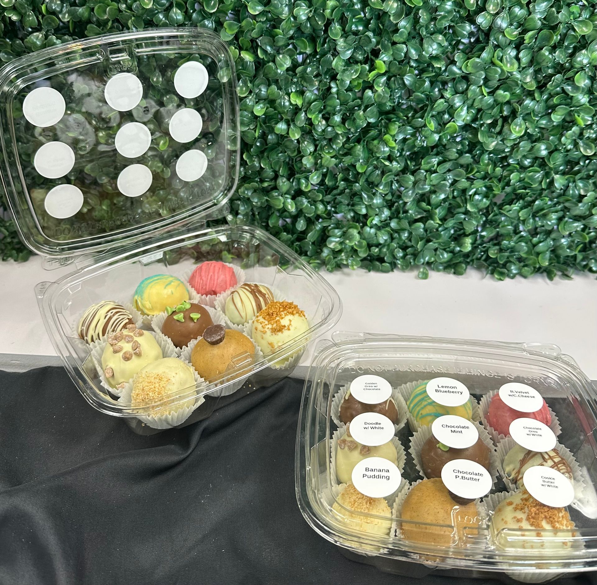 Two clear plastic containers hold various decorated round treats, set against a green leafy backdrop.