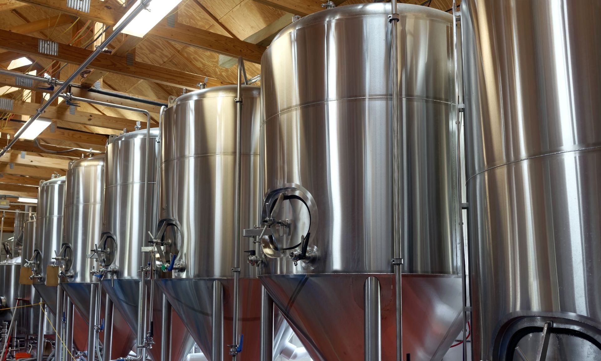 Row of large stainless steel fermentation tanks inside a brewery, with wooden rafters overhead.