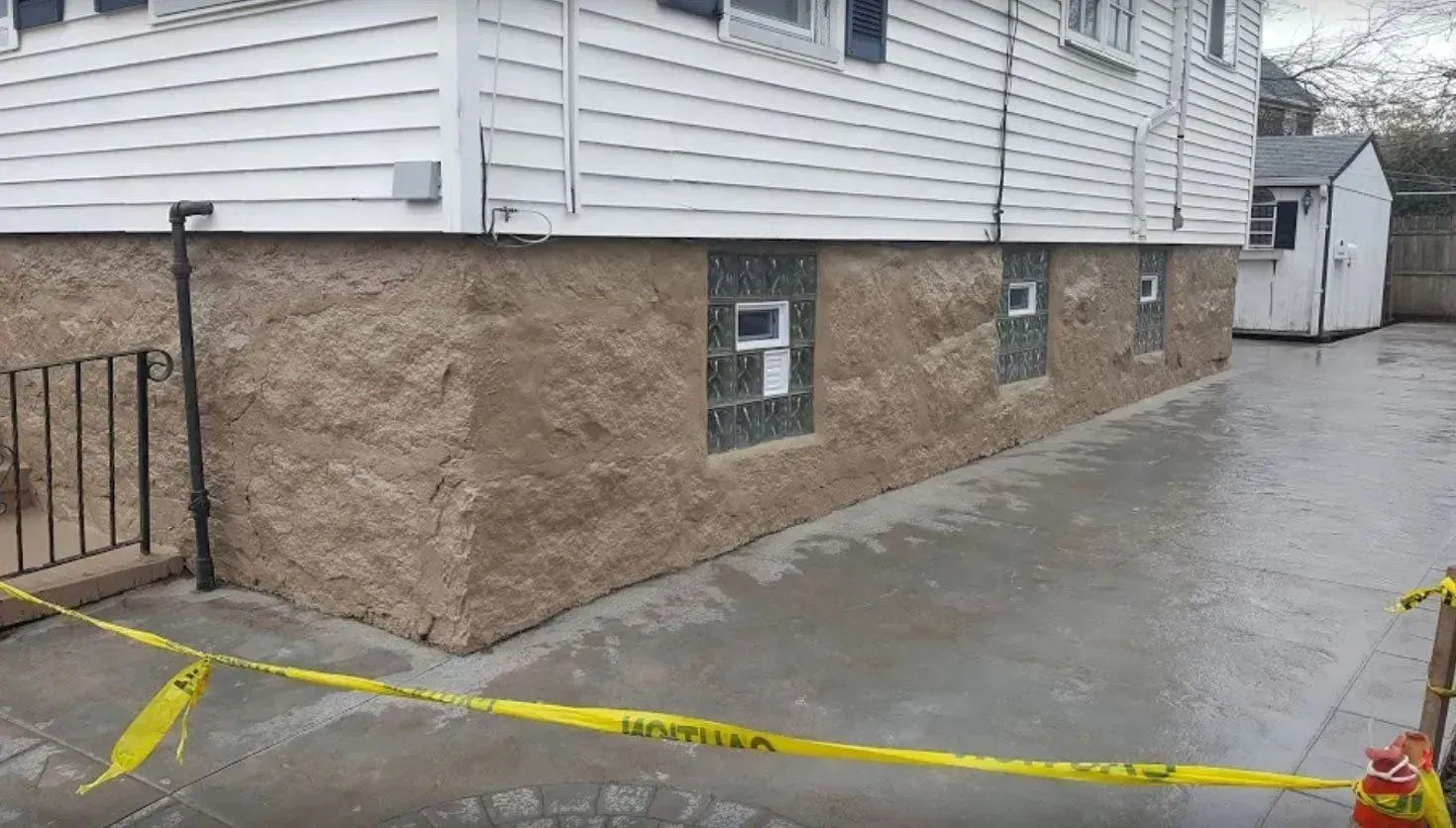 House with textured beige foundation, small windows, and wet concrete driveway. Yellow caution tape in the foreground.
