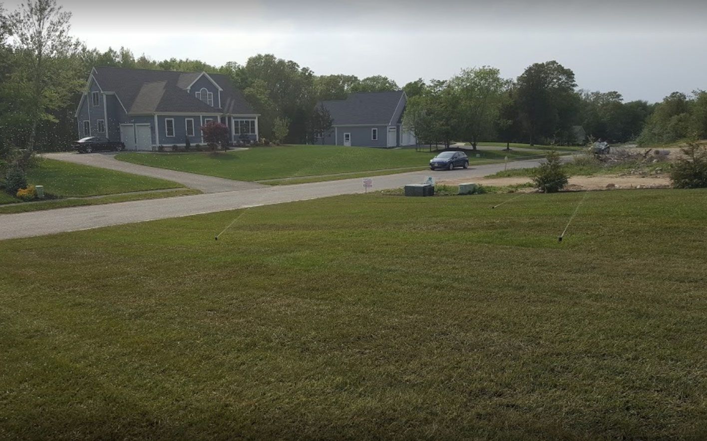 A two-story blue house and detached garage on a grassy lot, car on road.