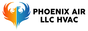 Logo for Phoenix Air LLC HVAC featuring a phoenix icon split between orange and blue, next to the company name in black.