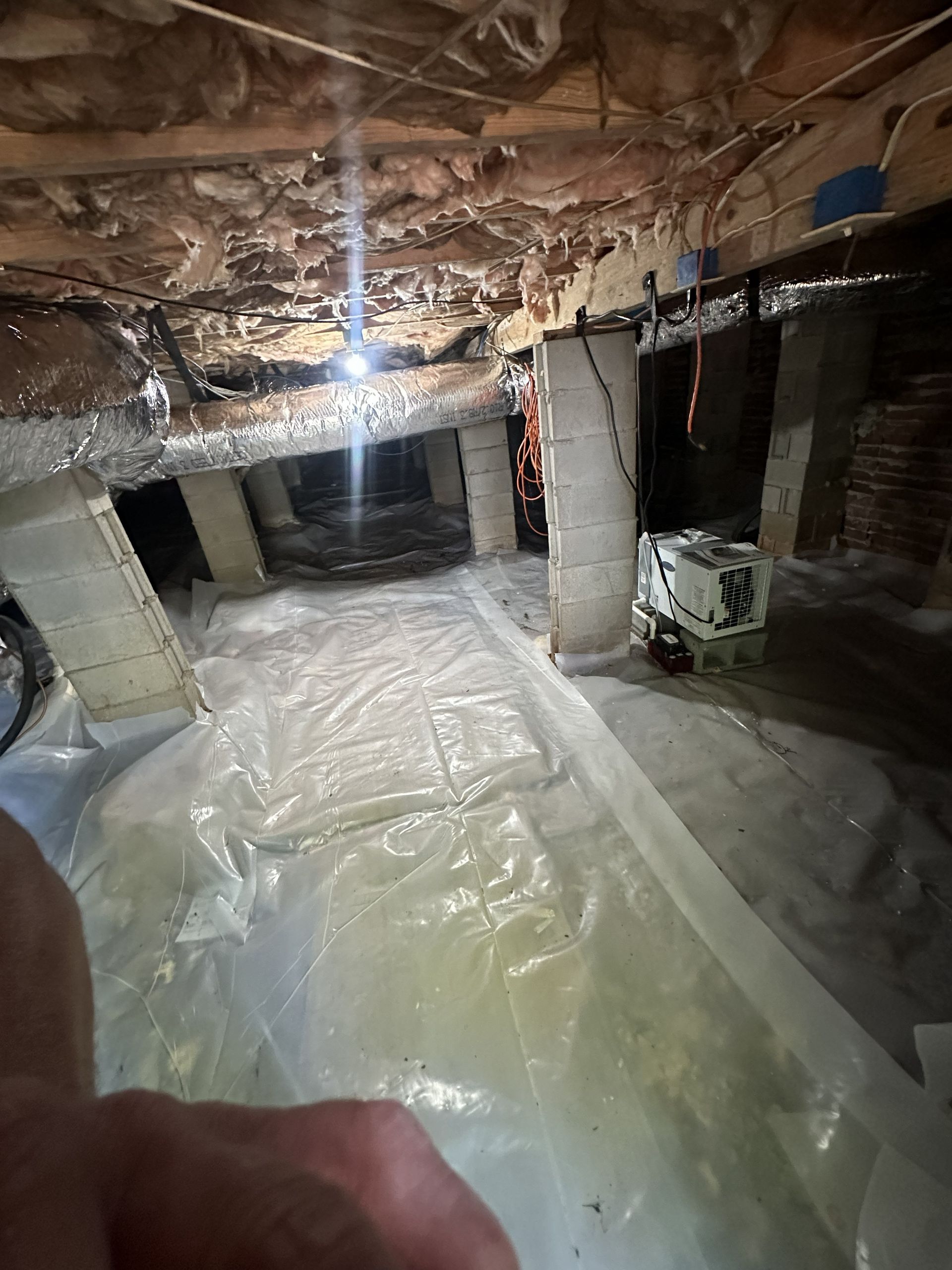 A dimly lit crawl space with a plastic vapor barrier covering the ground, concrete support pillars, and exposed insulation.