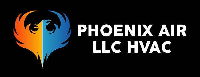 Logo for Phoenix Air LLC HVAC featuring a phoenix icon split between orange and blue colors next to white text.