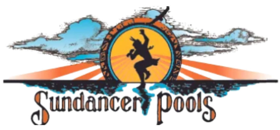 Logo for Sundancer Pools, depicting a silhouetted figure in front of a sun, with the company name below.
