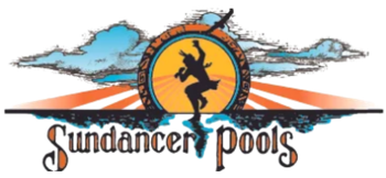 Logo for Sundancer Pools, depicting a silhouetted figure in front of a sun, with the company name below.