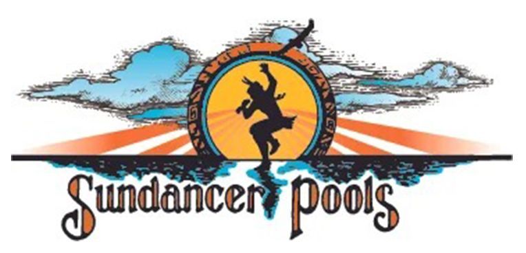 Logo for Sundancer Pools, depicting a silhouetted figure in front of a sun, with the company name below.