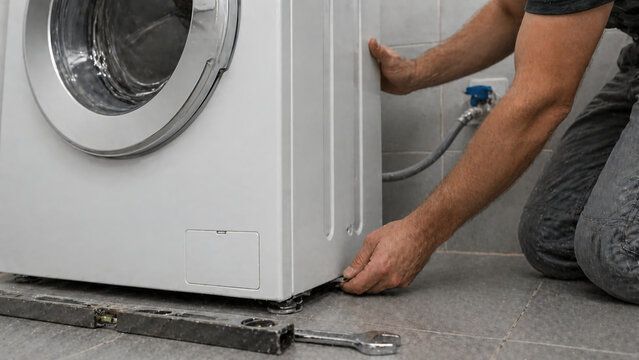 Person installing a front-loading washing machine, using a tool to level it on a floor.