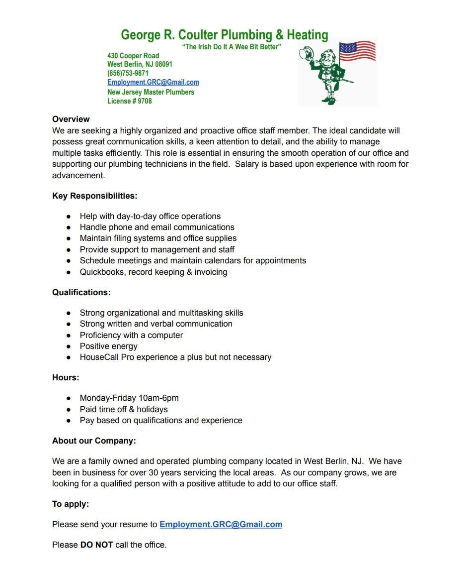Flyer for George R. Coulter Plumbing & Heating with contact info, services, and logo on white background