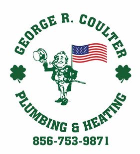 George R. Coulter Plumbing & Heating logo with mascot, American flag, shamrocks, and phone number 856-753-9871