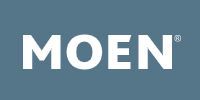 MOEN logo in white on a muted blue-gray background