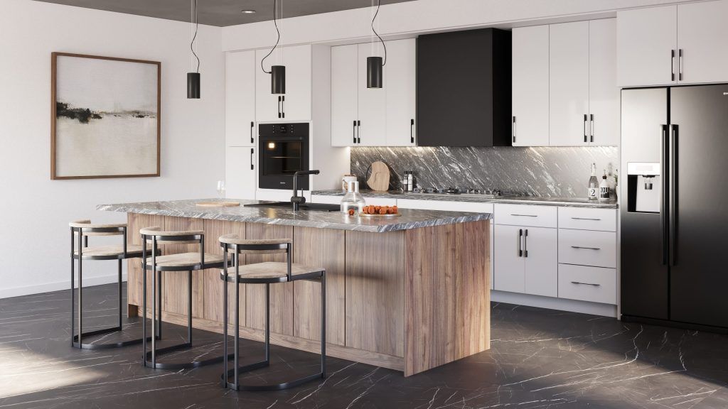 Modern kitchen with wood island, black refrigerator, white cabinets, and pendant lights