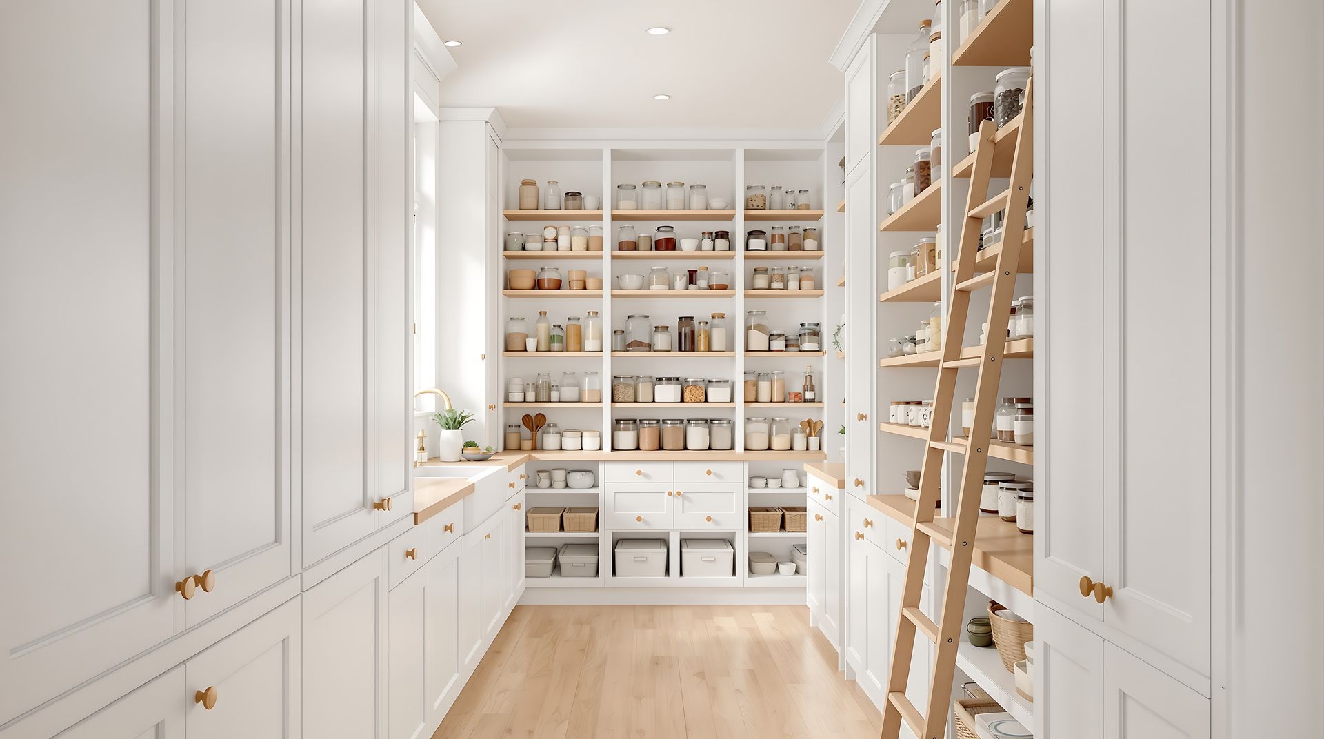 Bright white walk-in pantry with shelves of jars, baskets, and a wooden ladder on the right