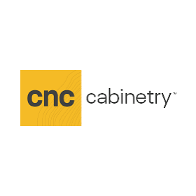 CNC Cabinetry logo with black text on a yellow square and gray wordmark
