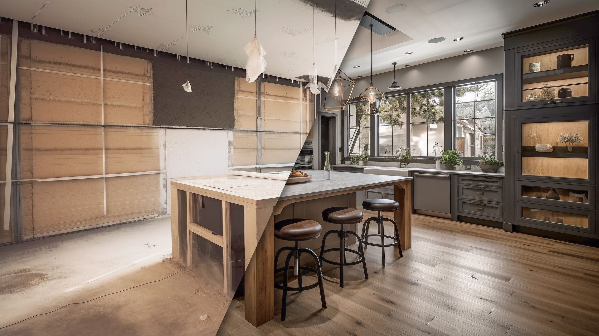 Modern kitchen interior with unfinished cabinets, island stools, and large windows overlooking greenery