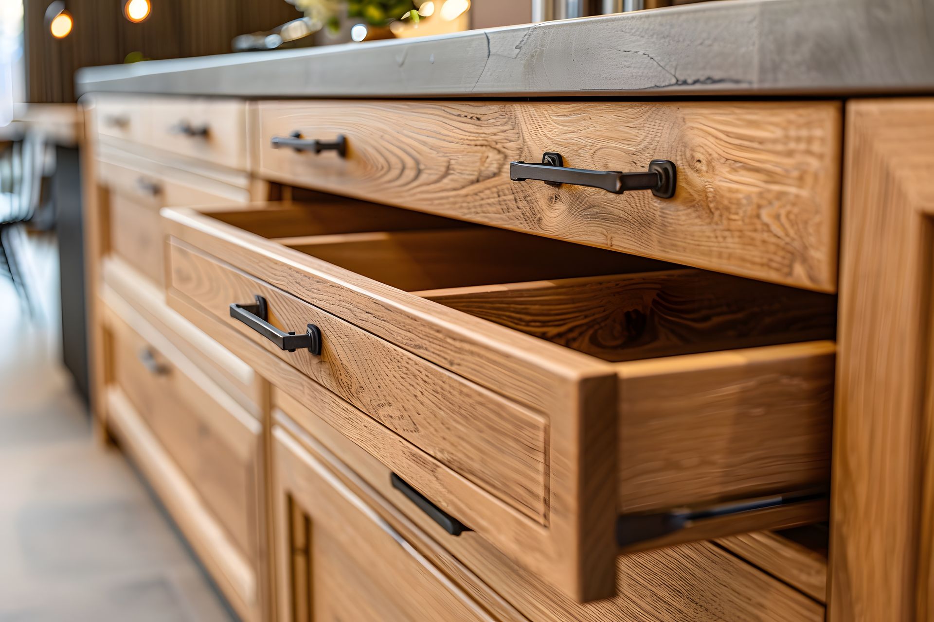 Wooden kitchen drawers with black handles, one drawer open on a wood countertop.