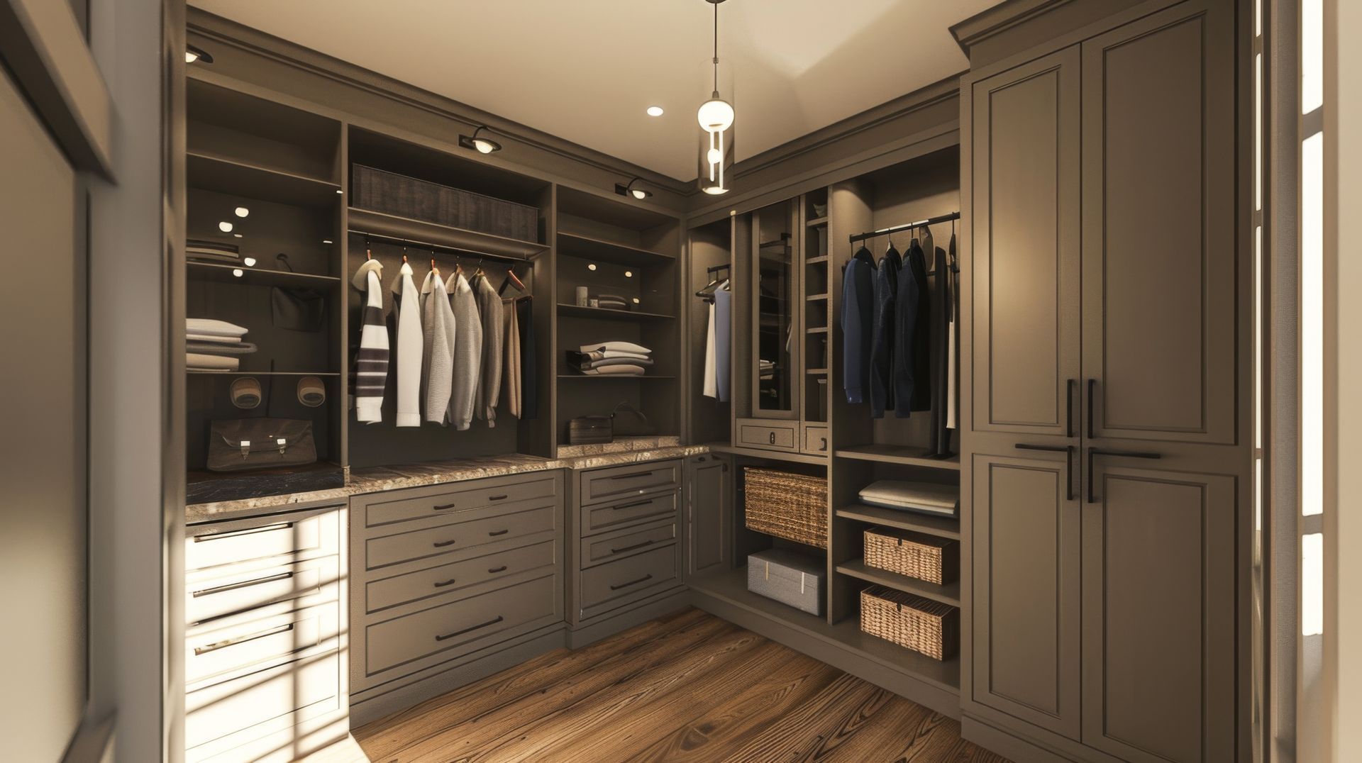 Built-in walk-in closet with dark wood cabinetry, hanging clothes, drawers, and wood floor.