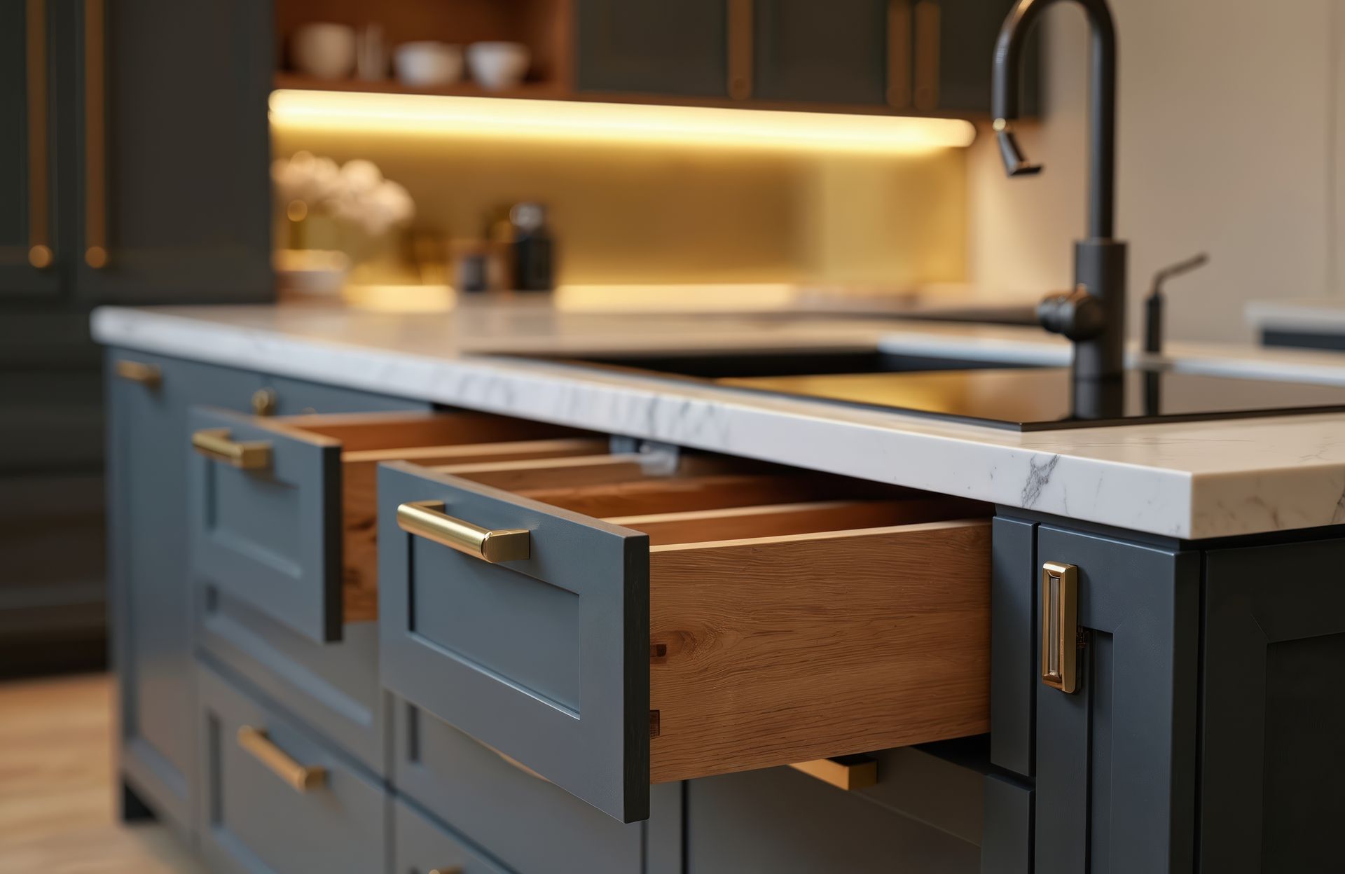 Modern kitchen island with blue cabinets, open wooden drawer, and marble countertop