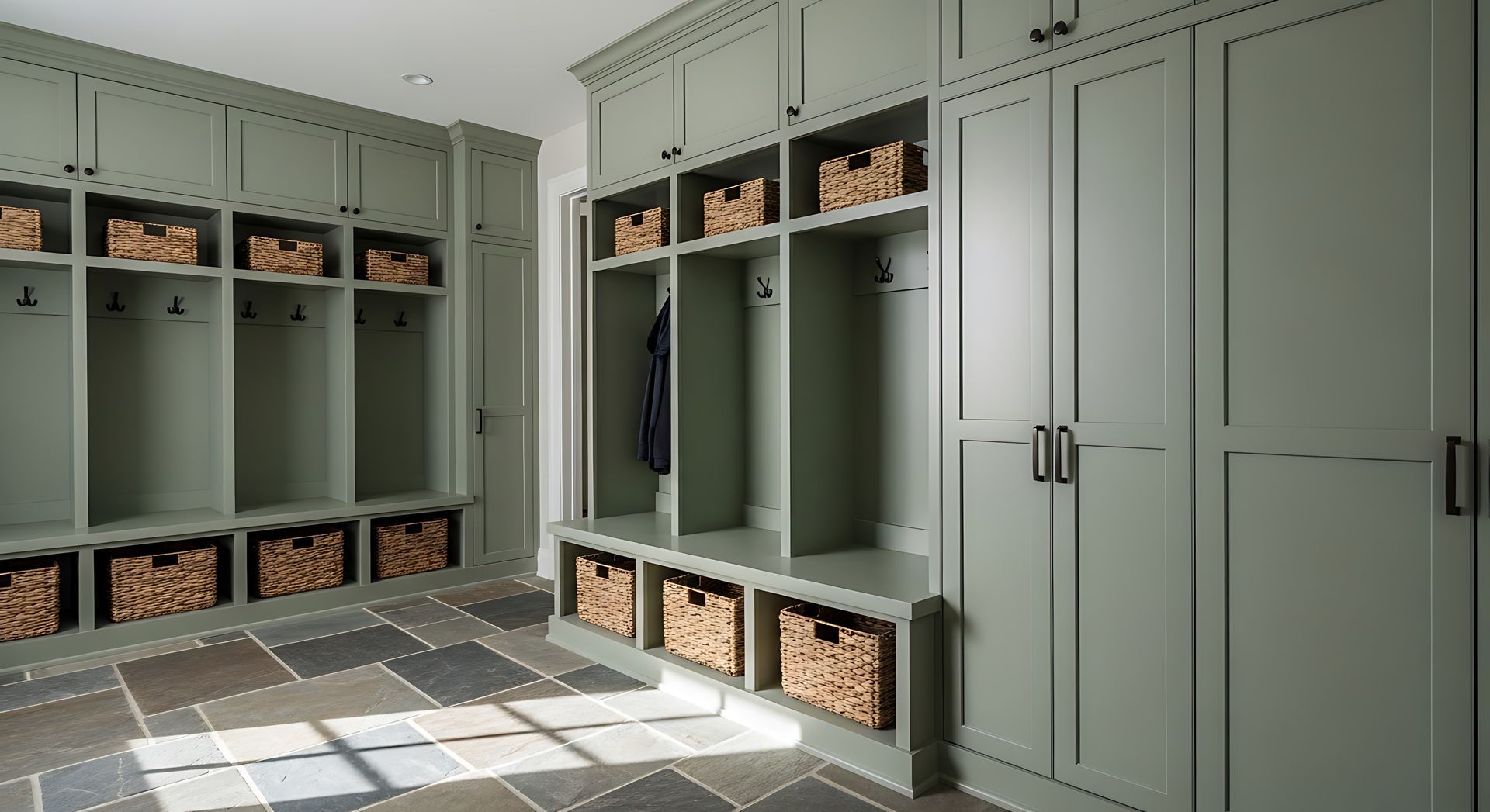 Built-in green cabinets and cubbies filled with woven baskets in a tidy storage room.