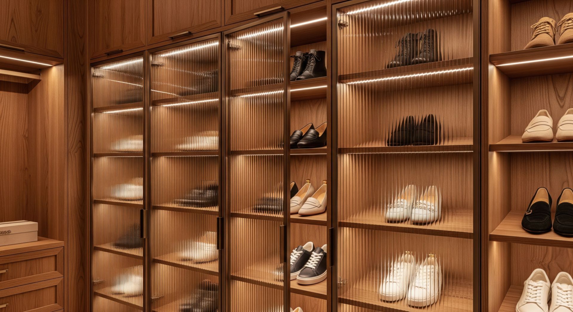 Wooden walk-in closet with illuminated shelves displaying neatly arranged shoes and accessories