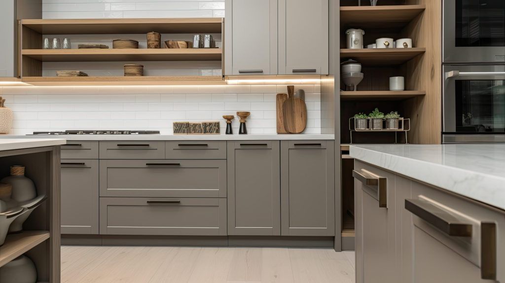 Modern gray kitchen with wooden shelves, white backsplash, and an island countertop